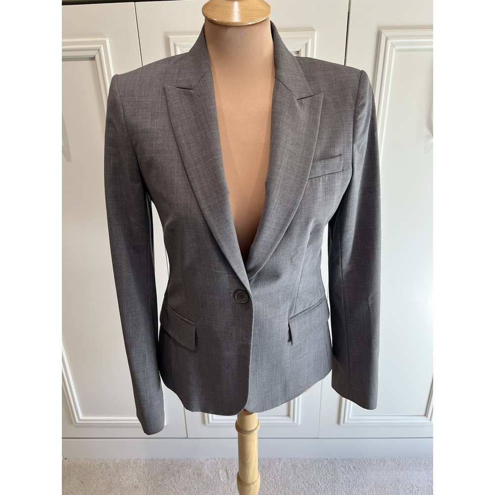 Theory Womens Gray Wool Blazer Size 8 Single Button Career Professional Classic